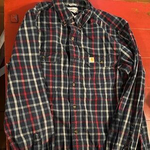 Carhartt Men's Navy and Red Plaid Button Down Shirt large